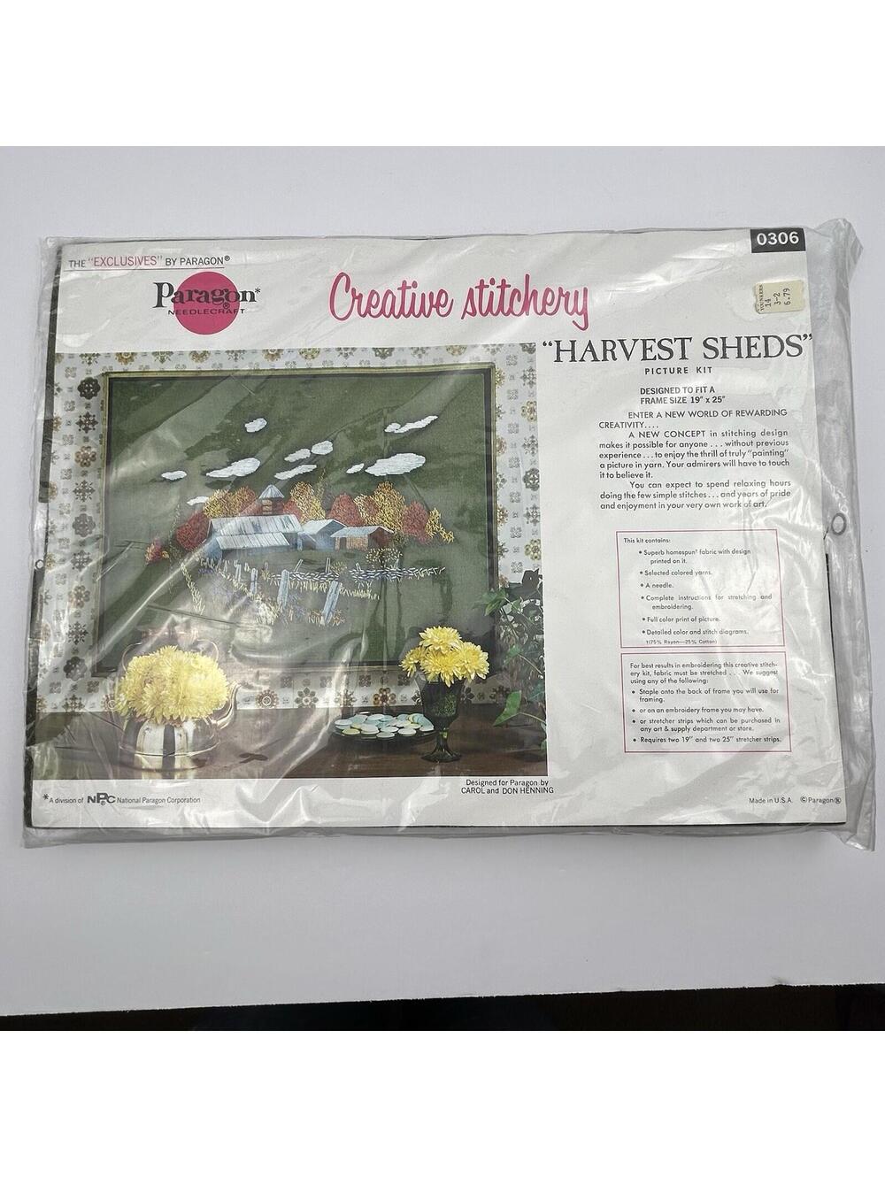 VTG Paragon Creative Stitchery "Harvest Sheds" Crewel Kit 0306 - FACTORY SEALED